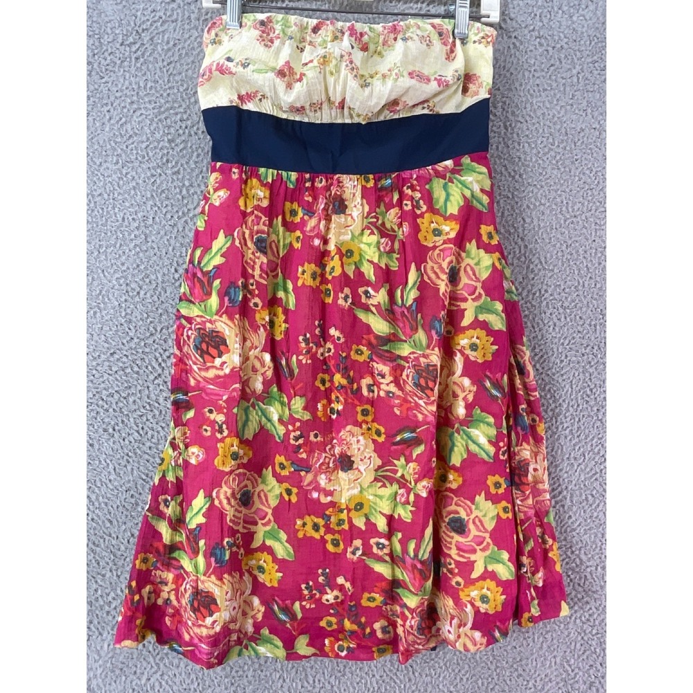 Maeve Floral Strapless Dress Womens 10 Pink Yellow Boho Smocked Cotton Tropical